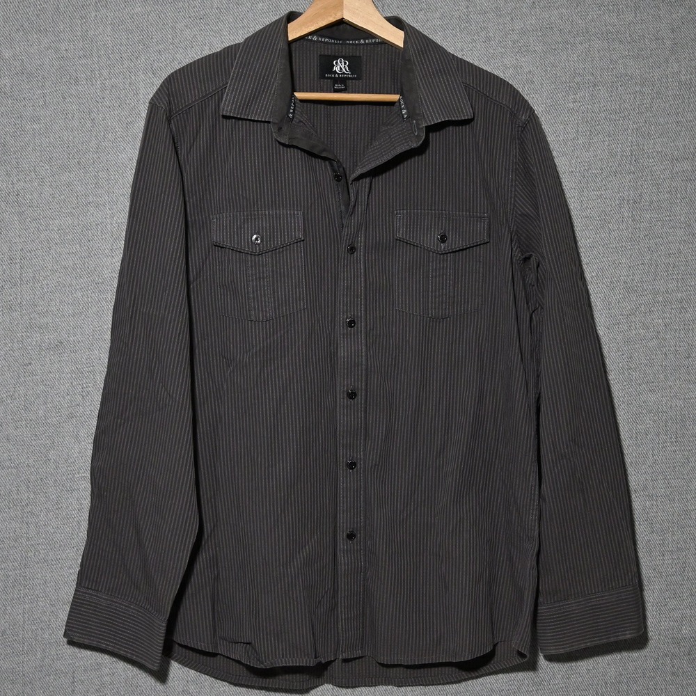 Rock & Republic Button Up Shirt Mens Pinstripe Long Sleeve L Charcoal Gray